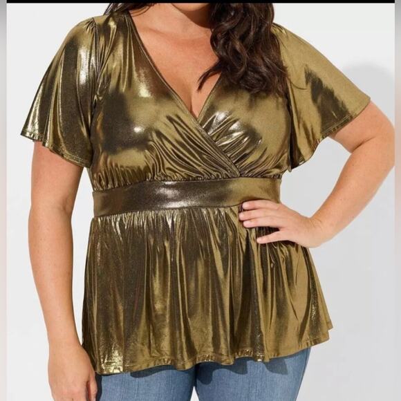 4X-TORRID Women’s Liquid Shine Surplice Split Sleeve Peplum Top, Gold, Size 4X - Picture 12 of 12